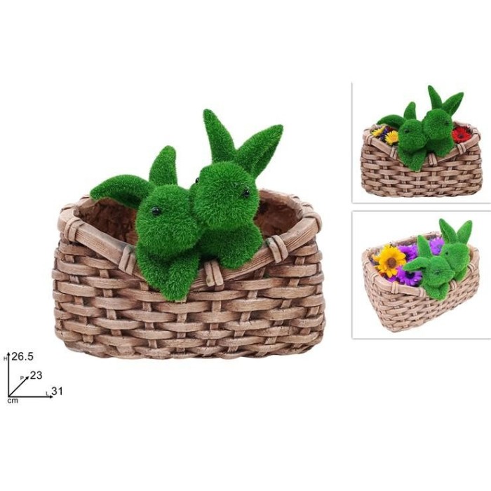 CESTA PORTAPIANTA CON CONIGLI FLOCCATI